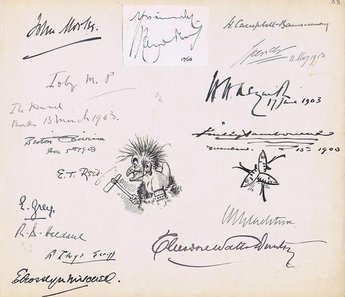 Autographs from liberal politicians, Prime Ministers and drawings by E T Reed and Linley Sambourne.